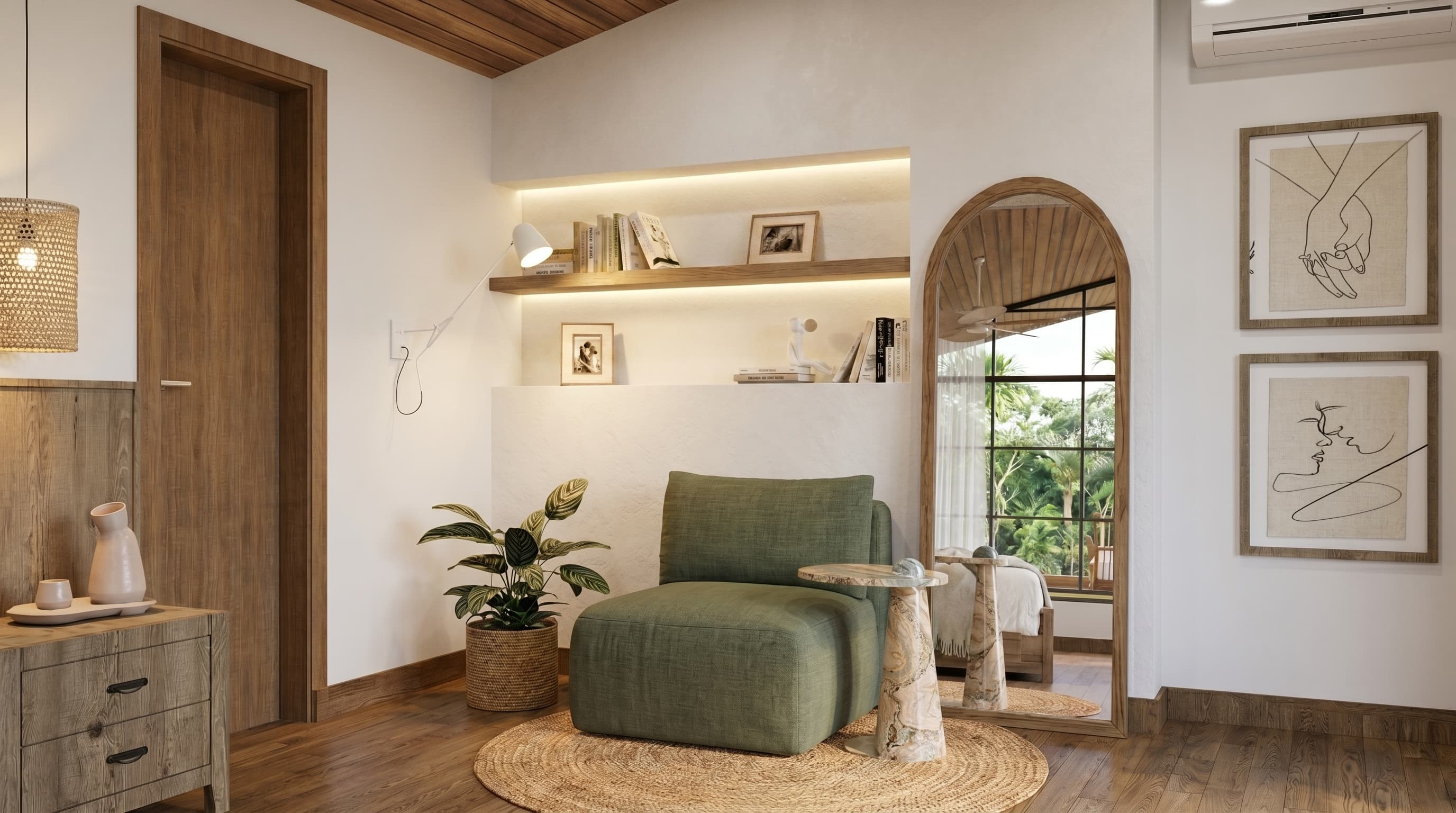 Sala de estar em reboco baiano — a textura muda com a luz ao longo do dia.